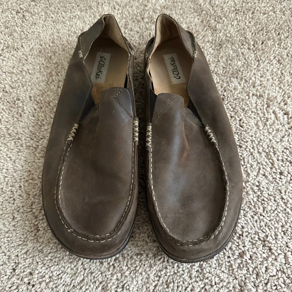 OluKai Moloa Slip On Loafer Mens 14 Brown Leather Casual Shoes 10128-6348